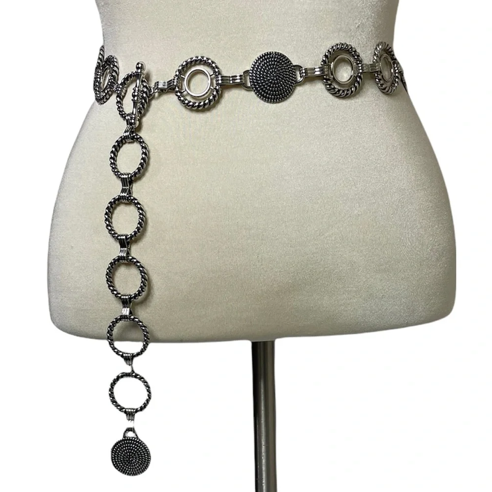 Vintage Silver Chain Link Belt Studded Ornate Filigree Boho Western Festival